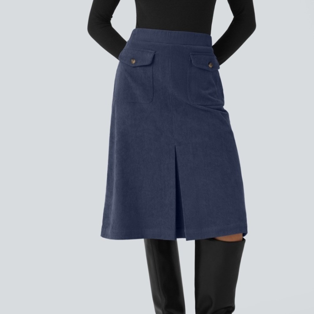 Halara Blue Corduroy Flap Pocket Casual Midi Skirt Womens M Dark Academia Preppy